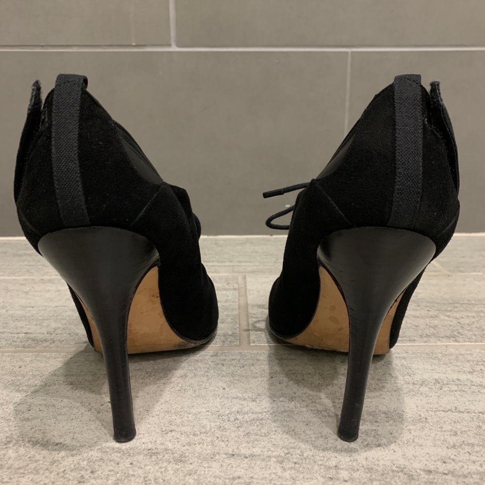 CONSIGNED. Manolo Blahnik Suede Heels with Mesh Overlay - Picture 6 of 16